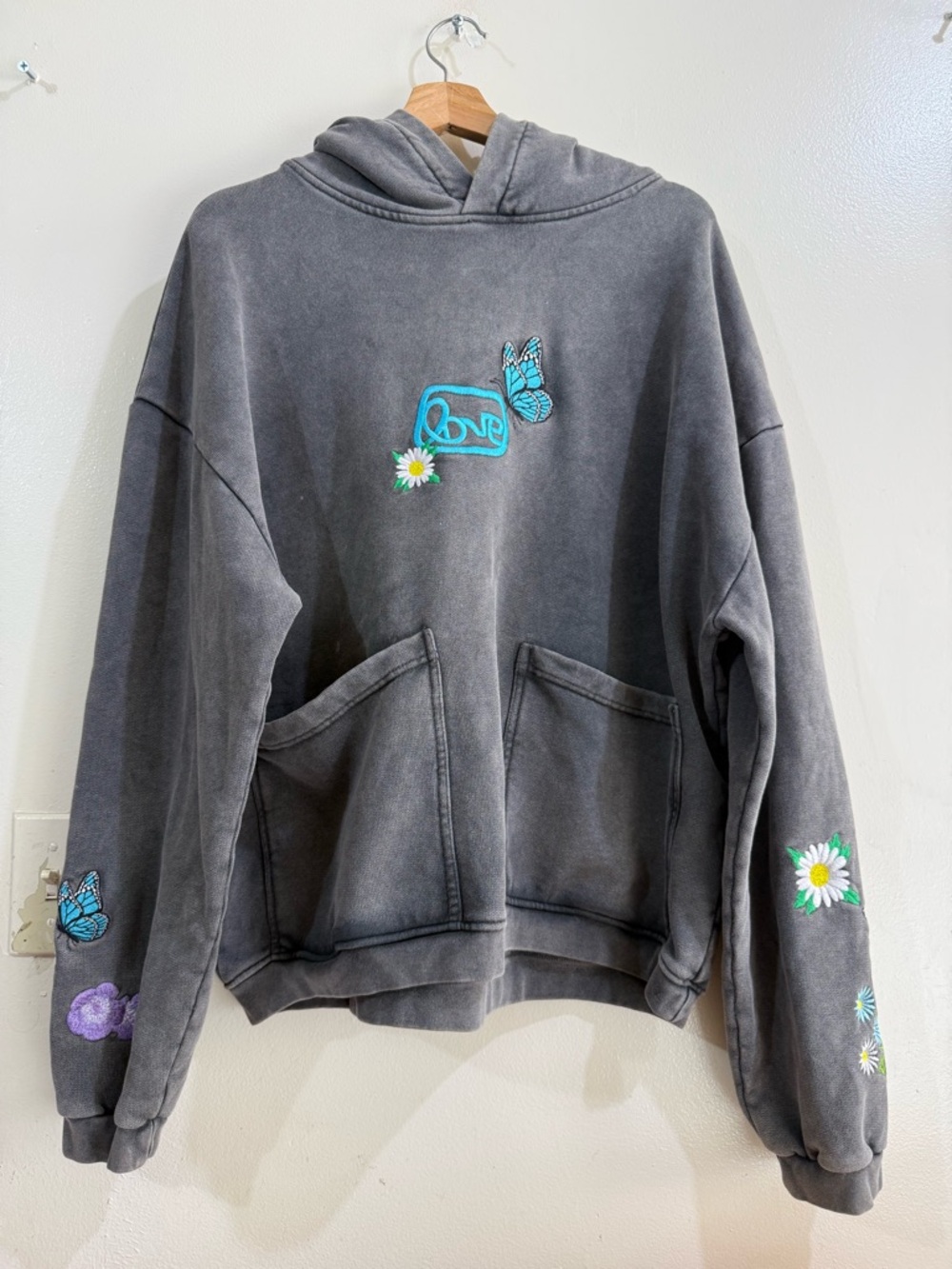 THE RAD BLACK Charcoal Crewneck Hoodie with Blue Butterfly & Daisy Embroidery - Picture 2 of 7